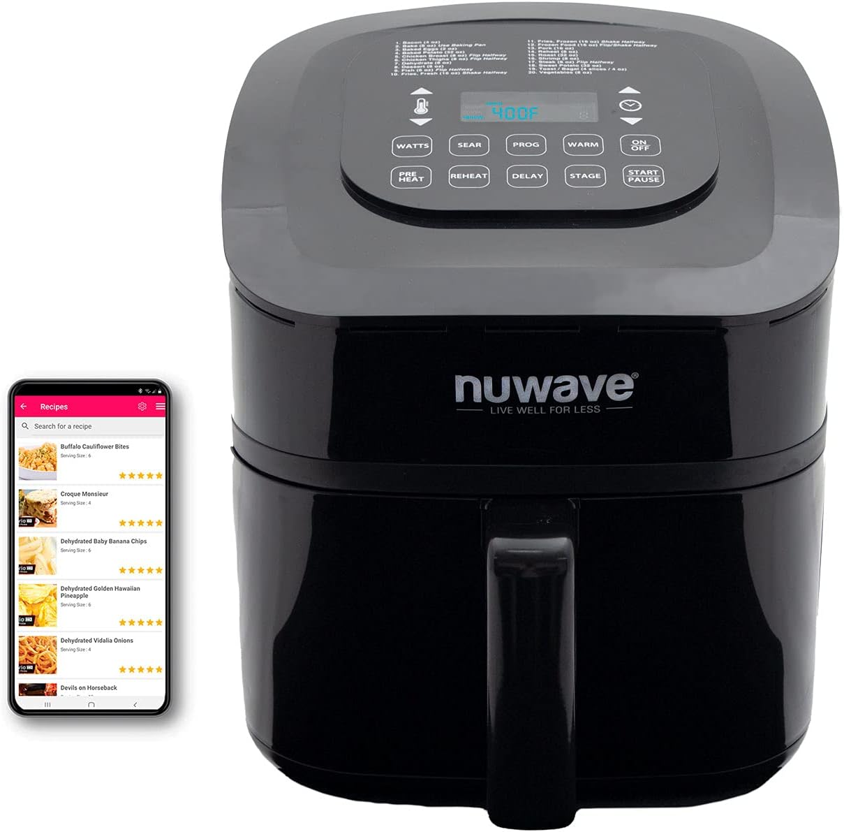 NUWAVE Brio Digital Air Fryer 7.25-Quart with One-Touch Digital Controls, 100 Easy Presets, Precise Temperature Control, Reversible-Rack, Recipe Book, Wattage Control, and Advanced Functions like PREHEAT and REHEAT