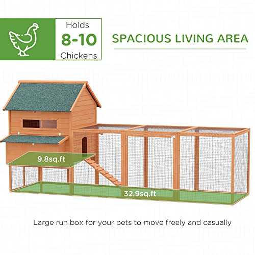 PawHut 137" Chicken Coop for 8-10 Chickens, Large Chicken House, Wooden Poultry Hen Cage with Nesting Box and Run for Backyard, Gray