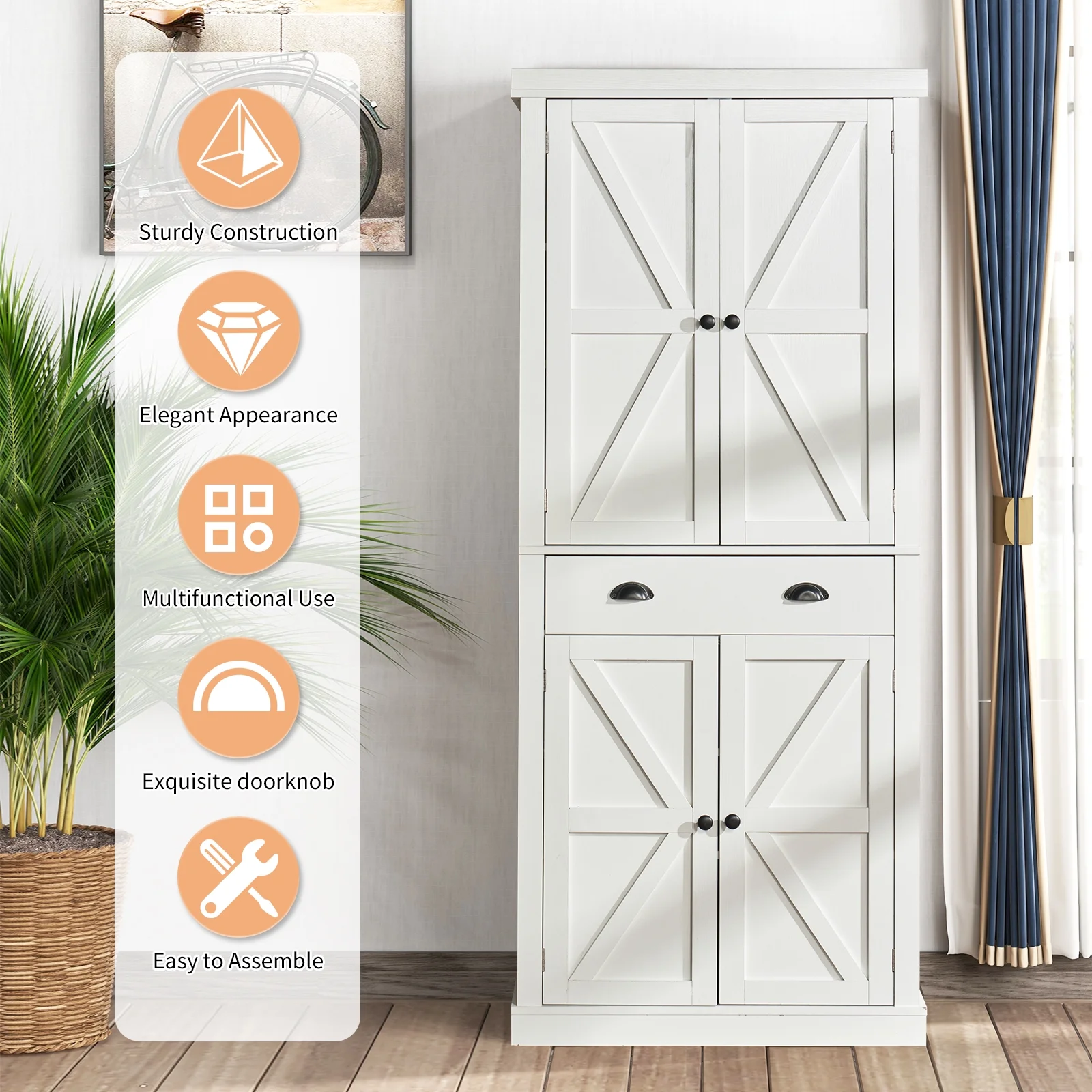Oneinmil 72" Pantry Storage Cabinet, Tall Kitchen Pantry with Farmhouse Barn Doors for Kitchen, Rustic White