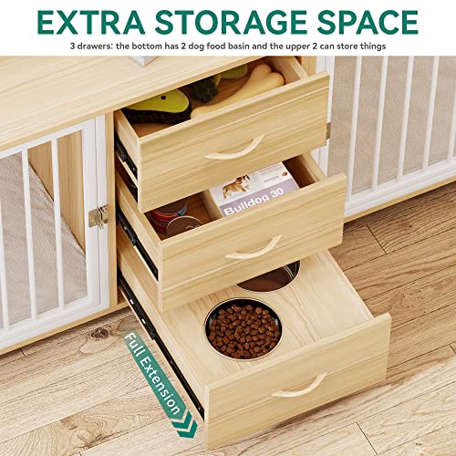 YITAHOME 74" Double Dog Crate Furniture with 2 Feeder Bowls, Wooden Dog Kennel TV Stand with Room Divider for 2 Large Medium Small Dogs, Walnut White