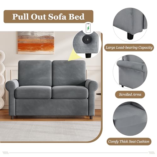 57.4" Pull Out Sofa Bed,Sleeper Sofa Bed with Premium Twin Size Mattress Pad,2-in-1 Pull Out Couch Bed with Two USB Ports for Living Room,Small Apartment, Gray (Old SKU:WF296899) Living Room Furniture