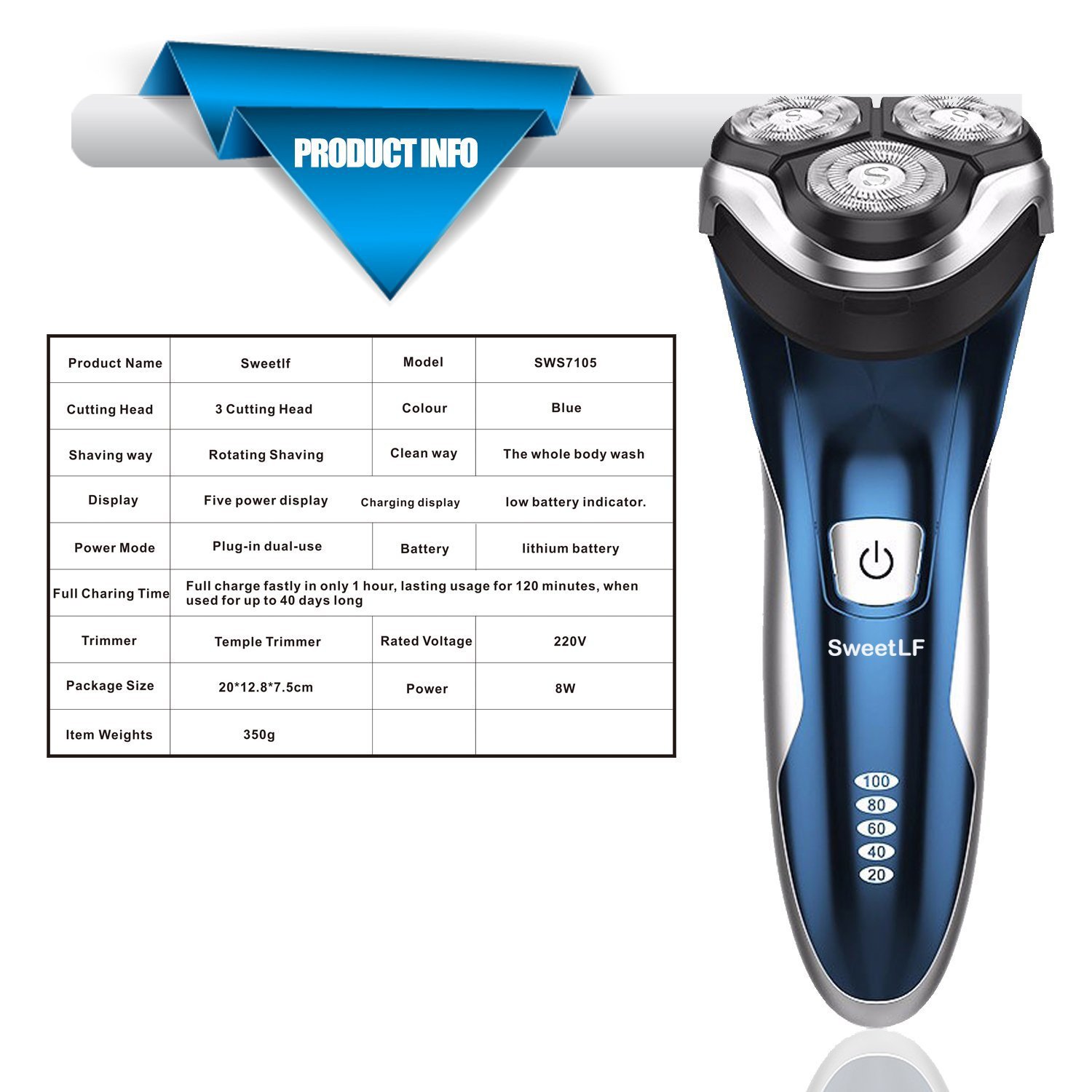 SweetLF 3D Rechargeable Waterproof IPX7 Electric Shaver Wet & Dry Rotary Shavers for Men Electric Shaving Razors with Pop-up Trimmer, Blue Pack of 2