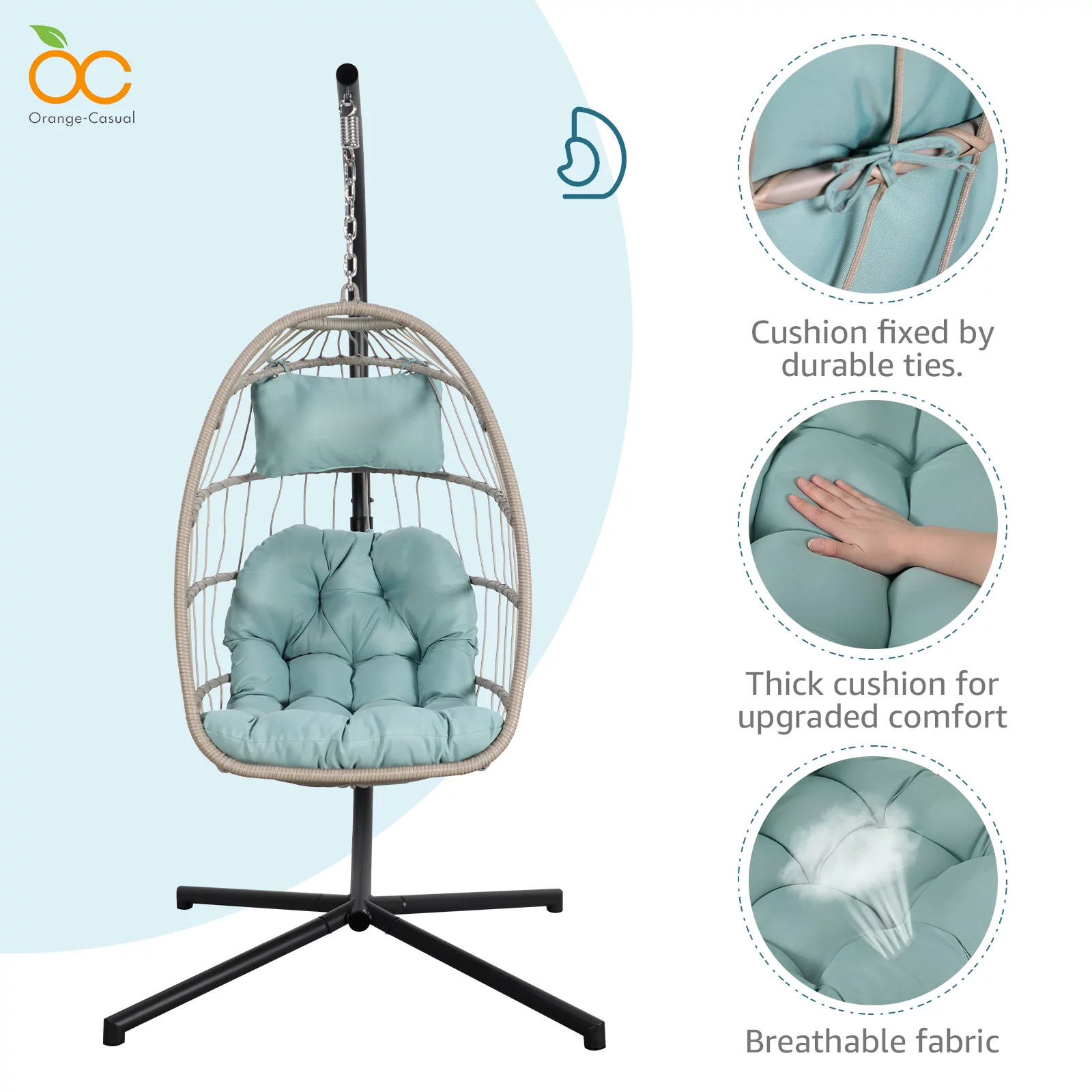 OC Orange-Casual Egg Chair with Stand and Cover, Patio Wicker Hanging Swing Chair, Indoor & Outdoor, Baby Blue