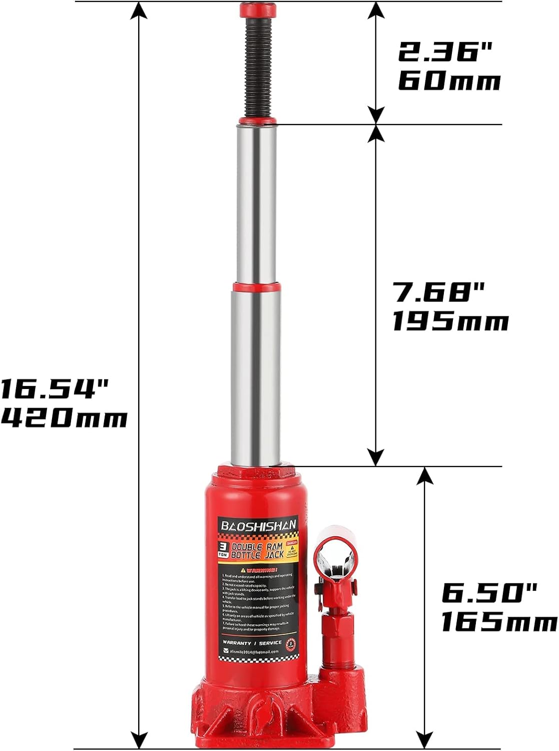 BAOSHISHAN 3 Ton Double Ram Bottle Jack 6-1/2 to 16-1/2 Lifting Range Portable Hydraulic Jack with Carrying Case