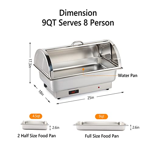 ROVSUN Electric 9 QT Stainless Steel Chafing Dish Buffet Set,Roll Top Chafer, Food Warmer with Full Size & 2 Detachable Food Pans for Party Wedding Catering Banquet Graduation
