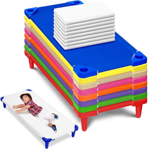 16 Pcs Daycare Cots with Sheets Set for Kids 52" L x 23" W Stackable Toddler Nap Cots and Daycare Sheets for Classroom Preschool Nursery(Orange, Purple, Rose Red, Beige)
