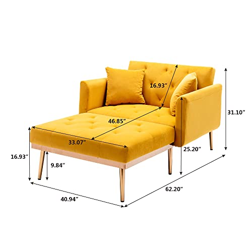 Modern Tufted Velvet Sofa 2 in 1 Chaise Lounge Chair Indoor with Adjustable Backrest and Two Pillows for Living Room Bedroom Office, Single Sofa Bed with Rose Golden Feet and Arms, Beige