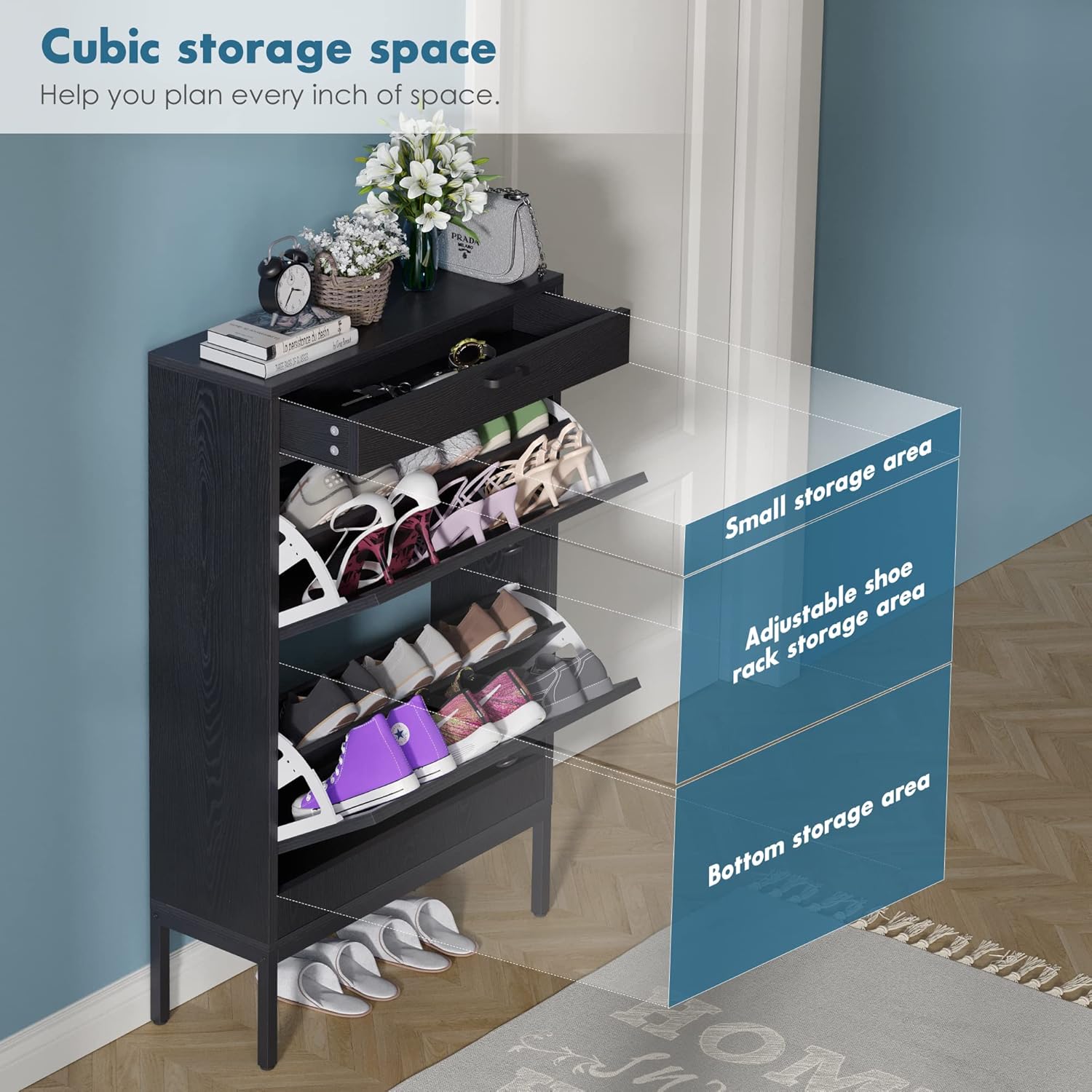 Brafab Shoe Cabinet, Shoe Rack Storage Organizer with 2 Flip Drawers, Natural Rattan Weave Shoe Storage Cabinet for Sneakers, Slippers (Black,2 Pieces)