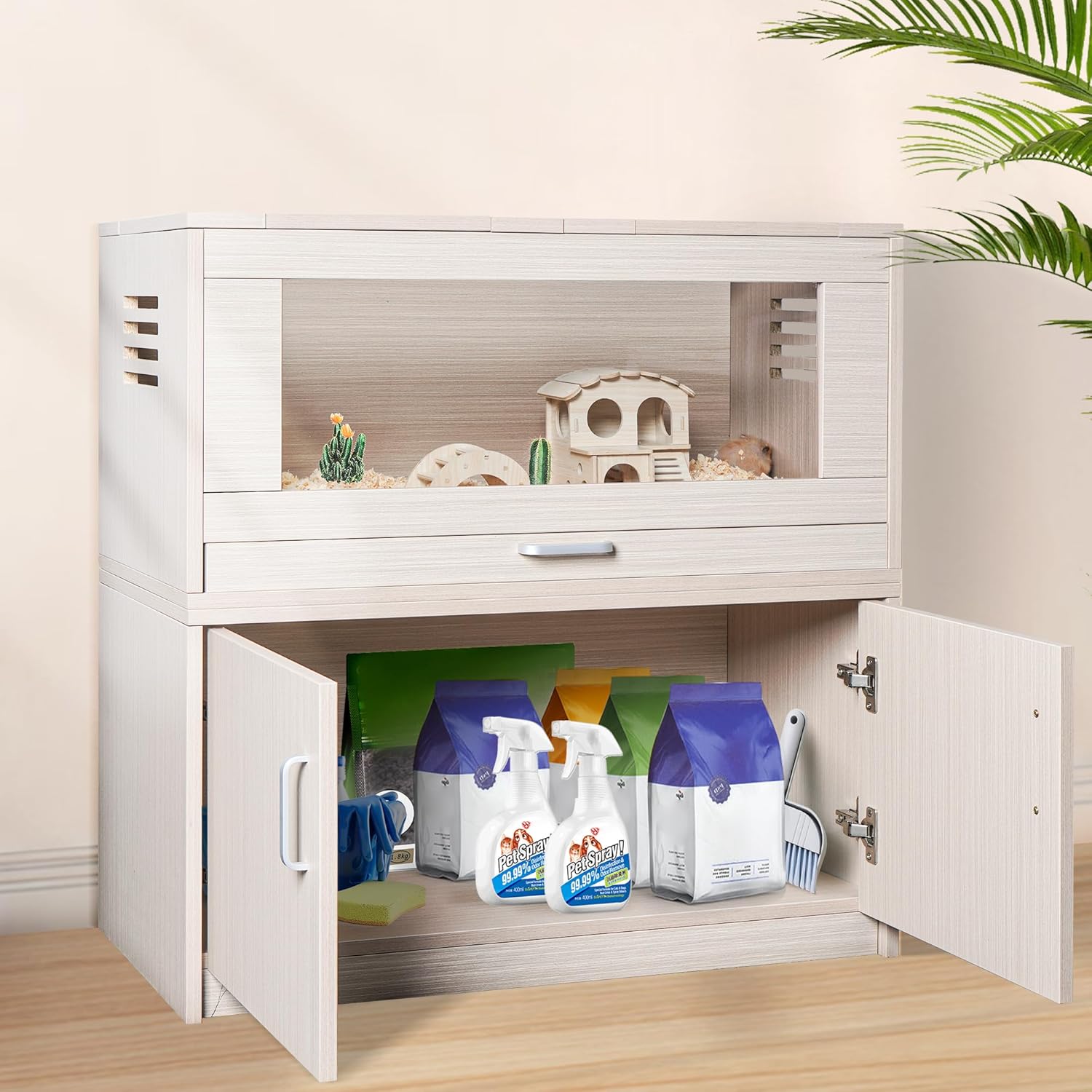 Guinea Pig Cages, Hamster Cage Wood with Independent Storage Cabinet, House for Rat Chinchilla with Guinea Pig Hutch and Bridge, Openable Top with Acrylic Sheets