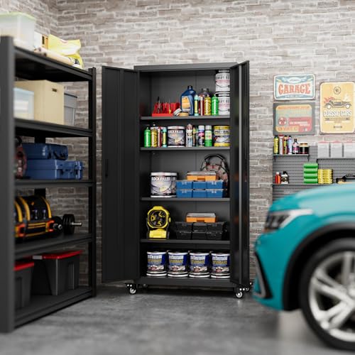 73" H Metal Storage Cabinet with Wheels, Garage Storage Cabinet with 4 Adjustable Shelves and Lockable Doors for Garage Home Office Utility Room,Required Assembly,Black