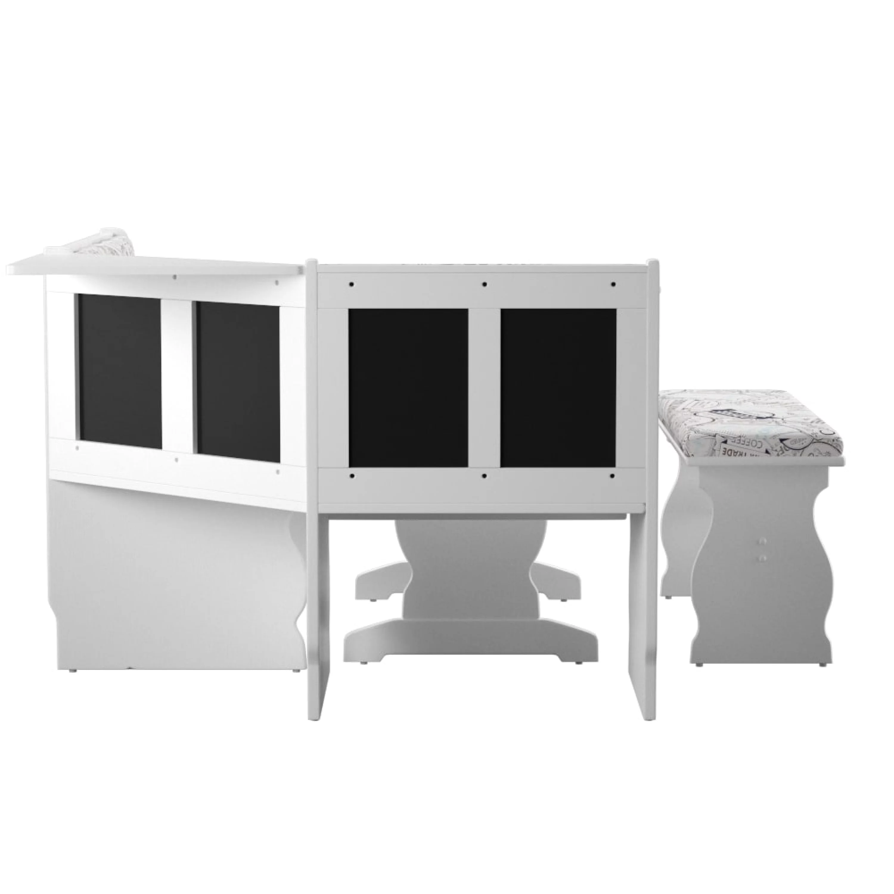 Linon Sasha Casual Dining Breakfast Nook with Corner Unit, Table, and Bench, 29.4" Table Height, Seats 5, White Finish with Coffee Patterned Fabric