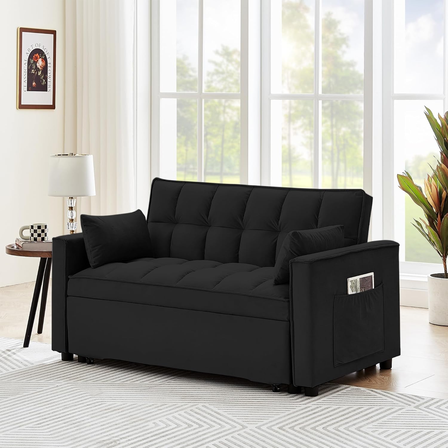 55" Full Size Pull Out Couch-3 in 1 Convertible Futon Sofa Bed, Fluffy Velvet Loveseat Sofa Cama, Foldable Lounge Sleeper Sofa with Pullout Bed, Small Couch for Living Room
