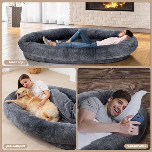 Homguava Large Human Dog Bed 72"x48"x10" Human-Sized Big Dog Bed for Adults&Pets Giant Beanbag Bed with Washable Fur Cover,Blanket and Strap (Large, Black)