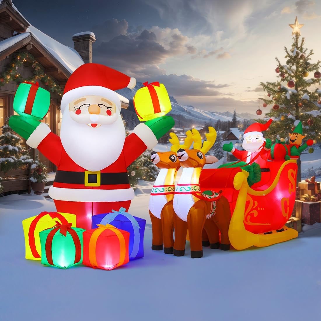 GOOSH 7 FT Christmas Inflatables Santa Claus in Sleigh and 6 FT Christmas Santa Inflatables Outdoor Decorations Smiling Santa Claus with Present Boxes