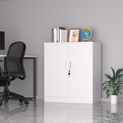 Metal Storage Cabinet with Locking Doors and 2 Adjustable Shelves, Small Lockable Storage Cabinet for Home Office Garage (Black)