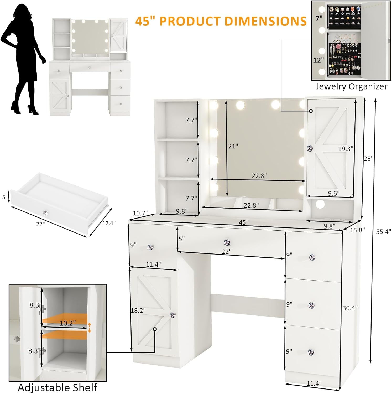 45" Makeup Vanity Desk with Lighted Mirror & Jewelry Cabinet, Big Vanity with 3 Storage Shelves, 5 Drawers, 3 Cubbies, 2 Cabinets &Charging Station for Bedroom, Large Dressing Table,White