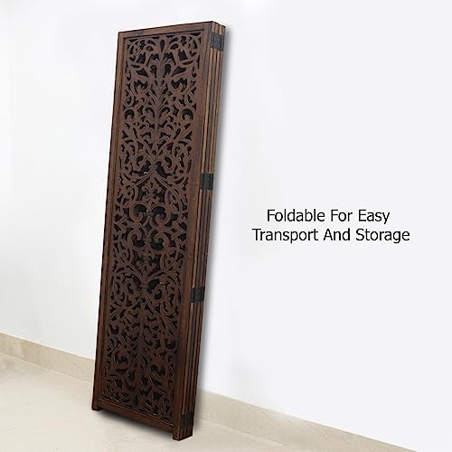 Room Divider Wood Screen - Ghanti Bells Antique Brown - 4 Panel Folding 72 x 80 - Assembled Hand Carved Decorative Functional Versatile Portable Partition Reversible Privacy Boho - COTTON CRAFT