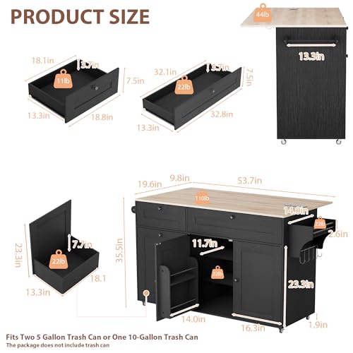Kitchen Island on Wheels with Storage and Power Outlet, Kitchen Island with Trash Can Storage Cabinet and Drop Leaf, with Spice Rack & Towel Rack, Rolling Island Cart for Kitchens (Black)
