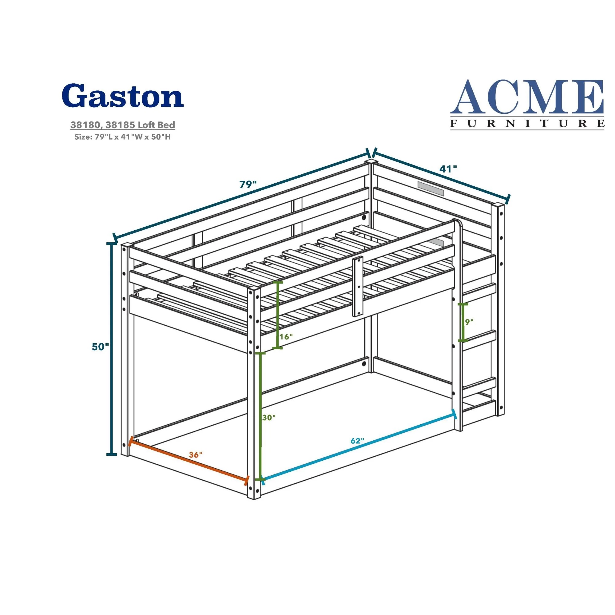 Contemporary Style ACME Gaston Loft Bed, Gray, Twin Loft Bed, Wood, Assembly Required