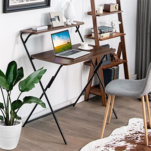 2 Tier Folding Computer Desk Laptop Desk Home Office No Assemble Brown Desk (D (33.5x24x38)) (D (33.5x24x38))