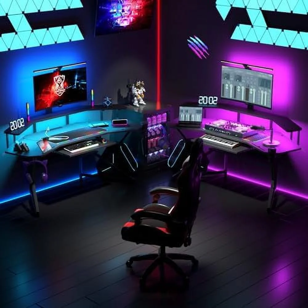 HJZBNONE 72" Gaming Desk with Power Outlet &amp; Led Strip  Large Wing-Shaped Computer Desk w Monitor Stand &amp; Keyboard Tray &amp; RGB Mouse Pad  Studio Desk w   Headphone Hook Cup