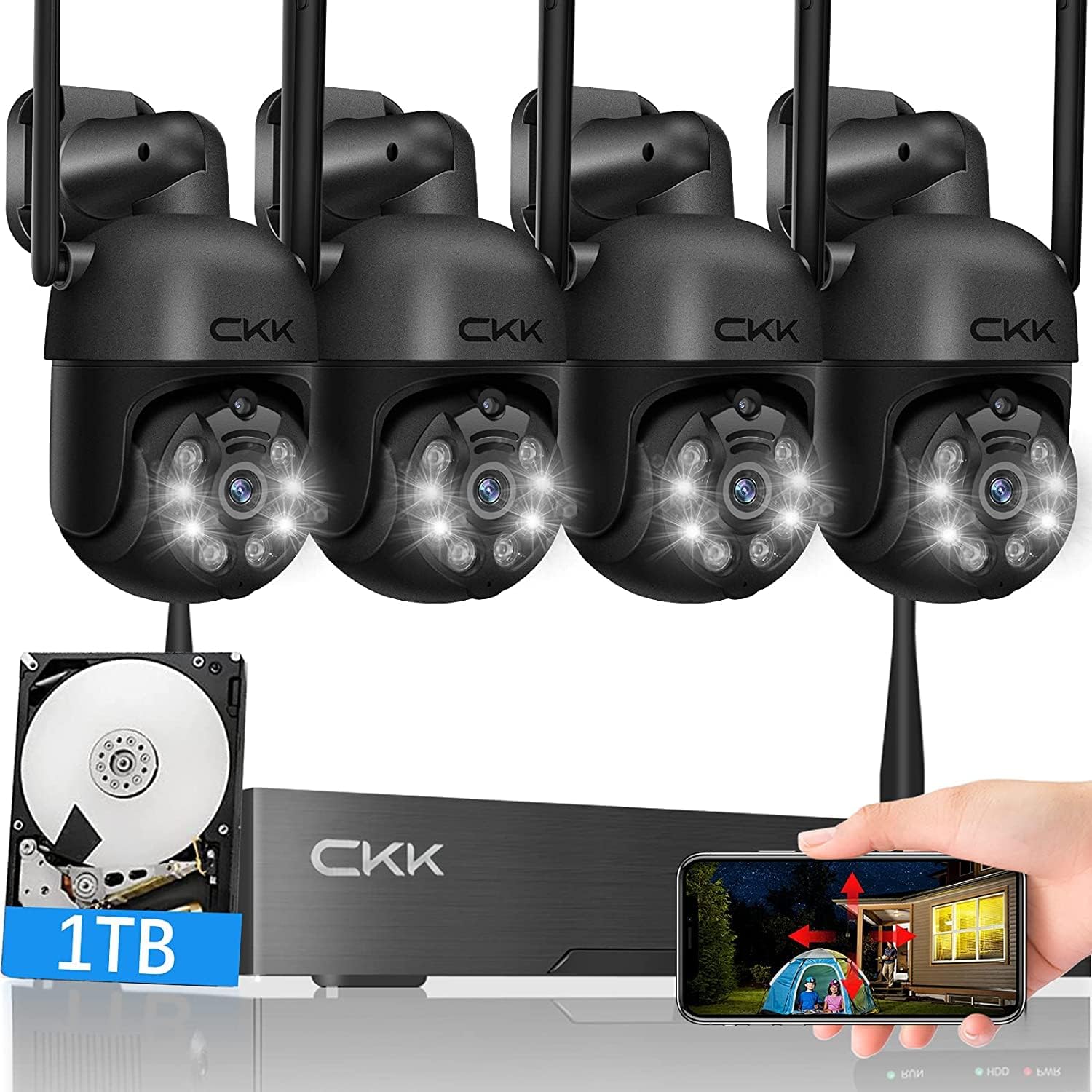 3MP Wireless Security Camera System with 1TB HDD, Dome PTZ Cameras and Bullet Cameras Outdoor Indoor, 8 Channel WiFi Surveillance NVR System with Floodlights & Siren Alarm, 2 Way Audio