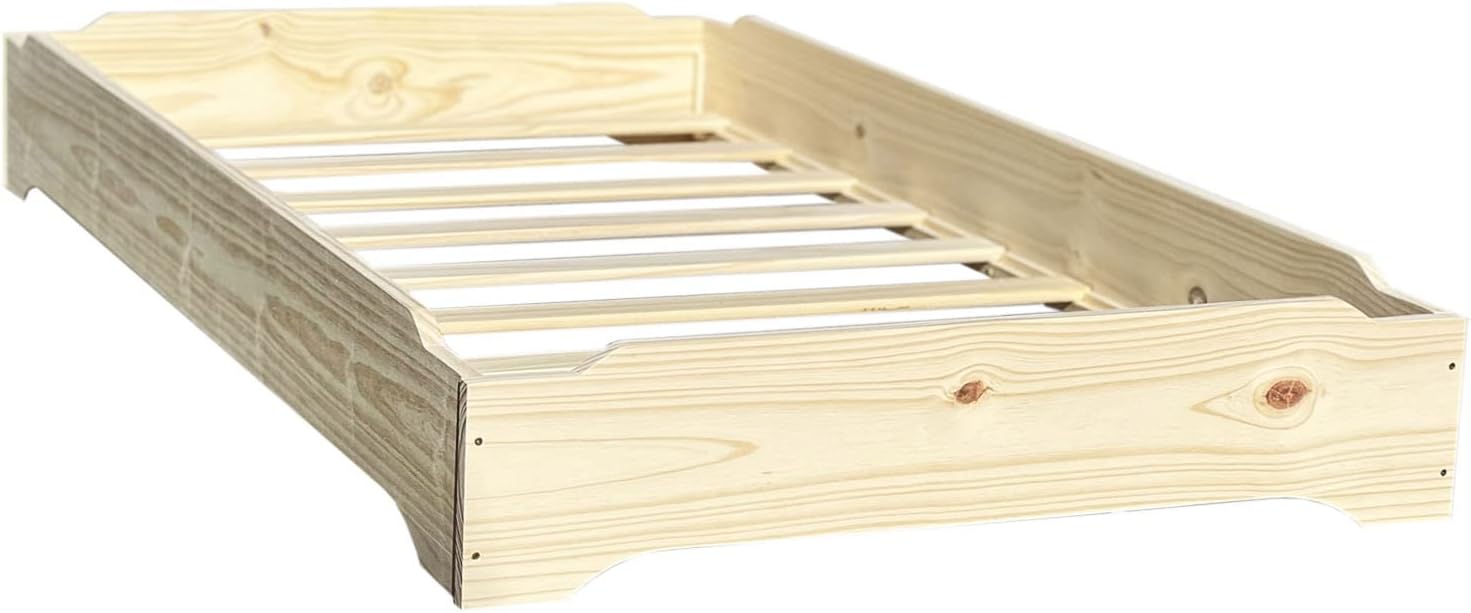 Stackable Beds - Set of Two - Twin over Twin Wooden Bed Floorbed Frame Unfinished -Easy to Assemble Solid Pine Wooden Bed Frame