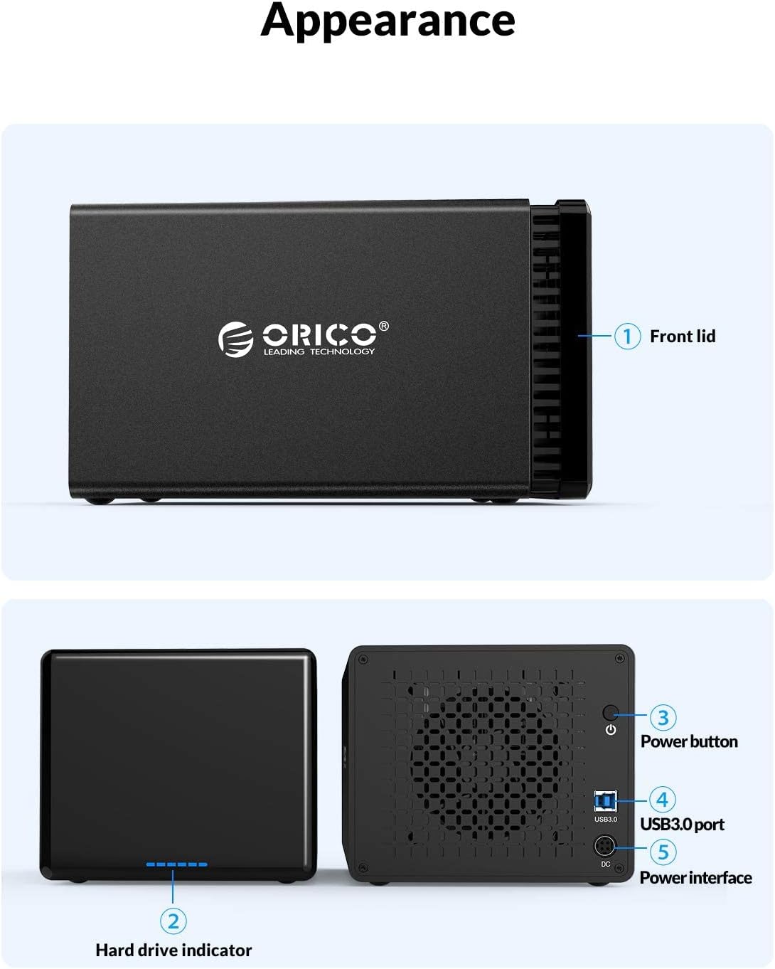 ORICO 5 Bay Raid Hard Drive Enclosure Magnetic Aluminum USB 3.0 to SATA for 3.5 inch HDD Tool Free Storage Case Support 7 RAID Modes Up to 80TB(5X16TB) - NS500RU3
