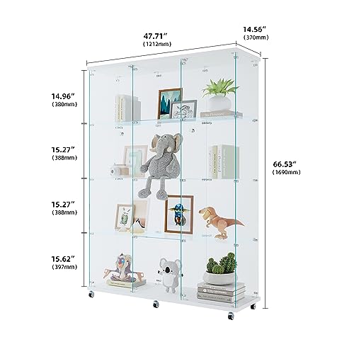 Large Glass Display Cabinet with 12 Glass Shelves and Double Doors, Modern 4-Tier Curio Cabinets with Wheels and Lock, Floor Standing Bookshelf Display Case, Black