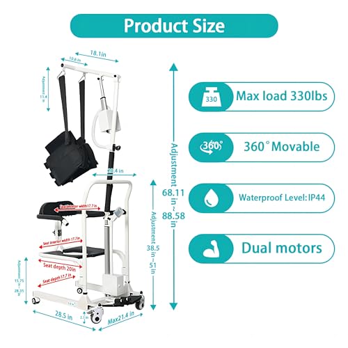 Electric Transfer Chair Patient Lift (4 in 1) for Home, 180° Split Seat, 330 lbs Load-Bearing for Elderly Disabled Handicapped (Eclectic, White, Black)