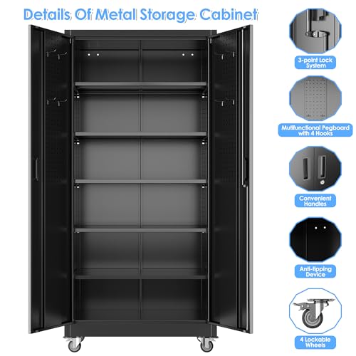 Aobabo Garage Storage Cabinet with Wheels,72" H Metal Storage Cabinet with 2 Doors and 4 Adjustable Shelves for Garage Home, Black,Required-Assembly