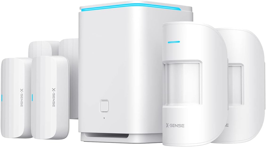 X-Sense Home Security System, 5-Piece Wireless Alarm Kit with Base Station, Motion Sensor, Entry Sensor, Remote Control, 1 1/4 Mile Wireless Range, Works with Alexa, No Contract, for Indoor Security