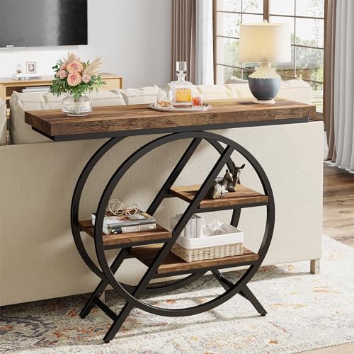 Tribesigns Console Table, 39.4-Inch Entryway Table with Thickened Tabletop, 4- Tier Industrial Narrow Hallway Sofa Table with Geometric Metal Frame for Living Room, Entryway, Rustic Brown