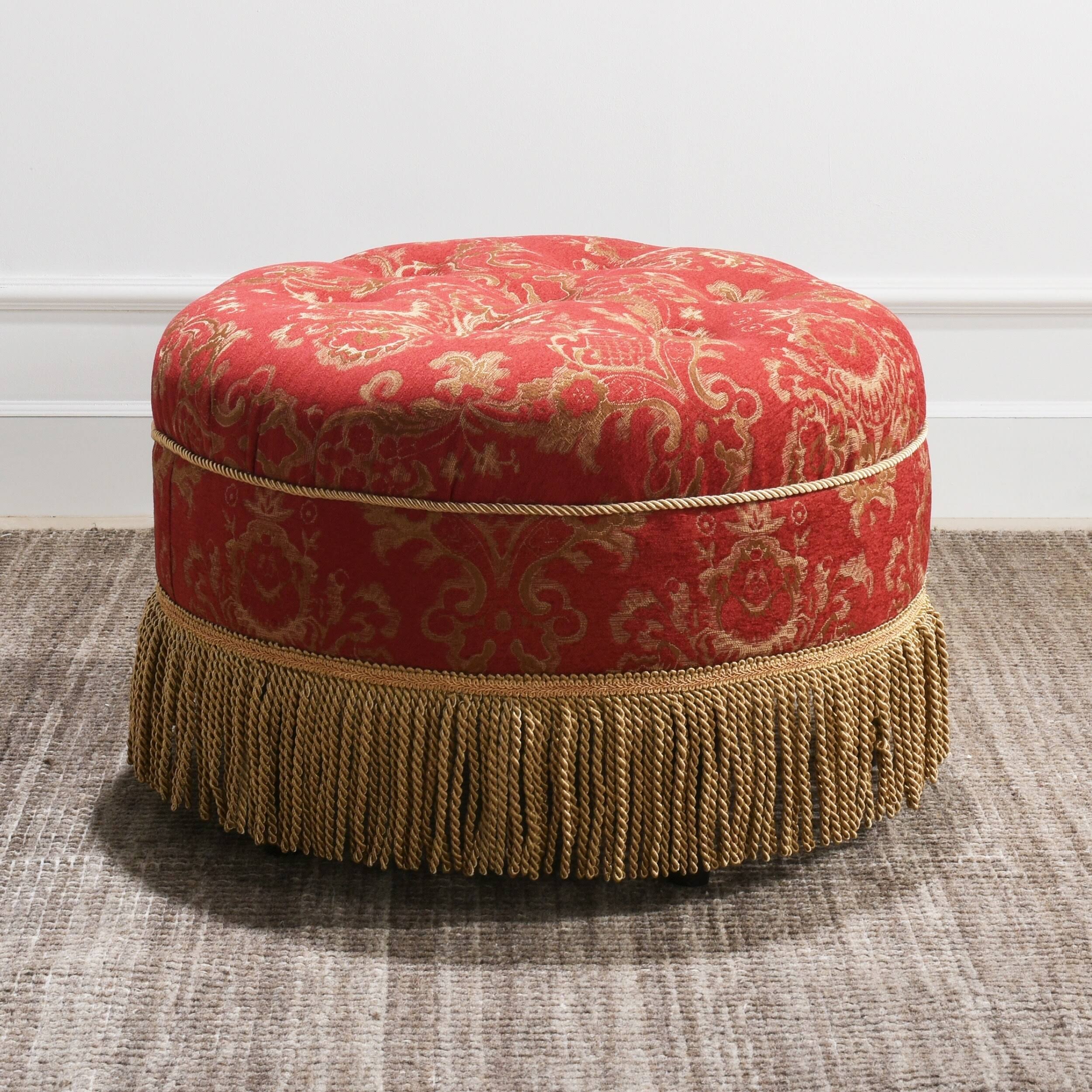 Vienna 24x22 Jacquard Decorative Round Ottoman Footstool (Red u0026 Gold)