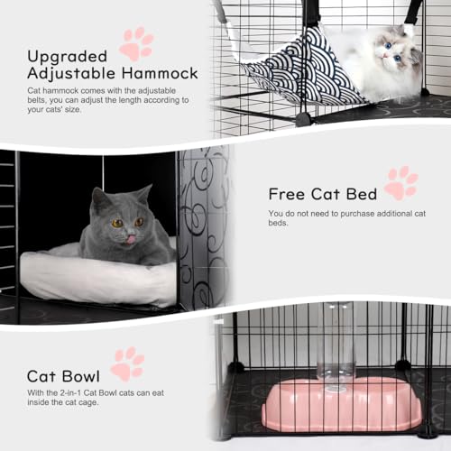 4-Tier Cat Cage with Storage Cubes, Large Cat Cages Indoor with Litter Box, DIY Metal Wire Cat Enclosure Playpen Kennels Crate Catio with Hammock, Cat Bed, Scratcher, Bowl for 1-3 Cats