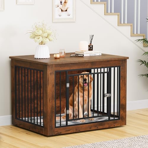 YITAHOME Dog Crate Furniture for Large Dogs, Side End Table, Modern Dogs Kennel Indoor up to 60 lb, 2-in-1 Iron-Wood Fusion Dog Cage with Waterproof Top, Safety Corners, Steel Lock,38"L, Rustic Brown