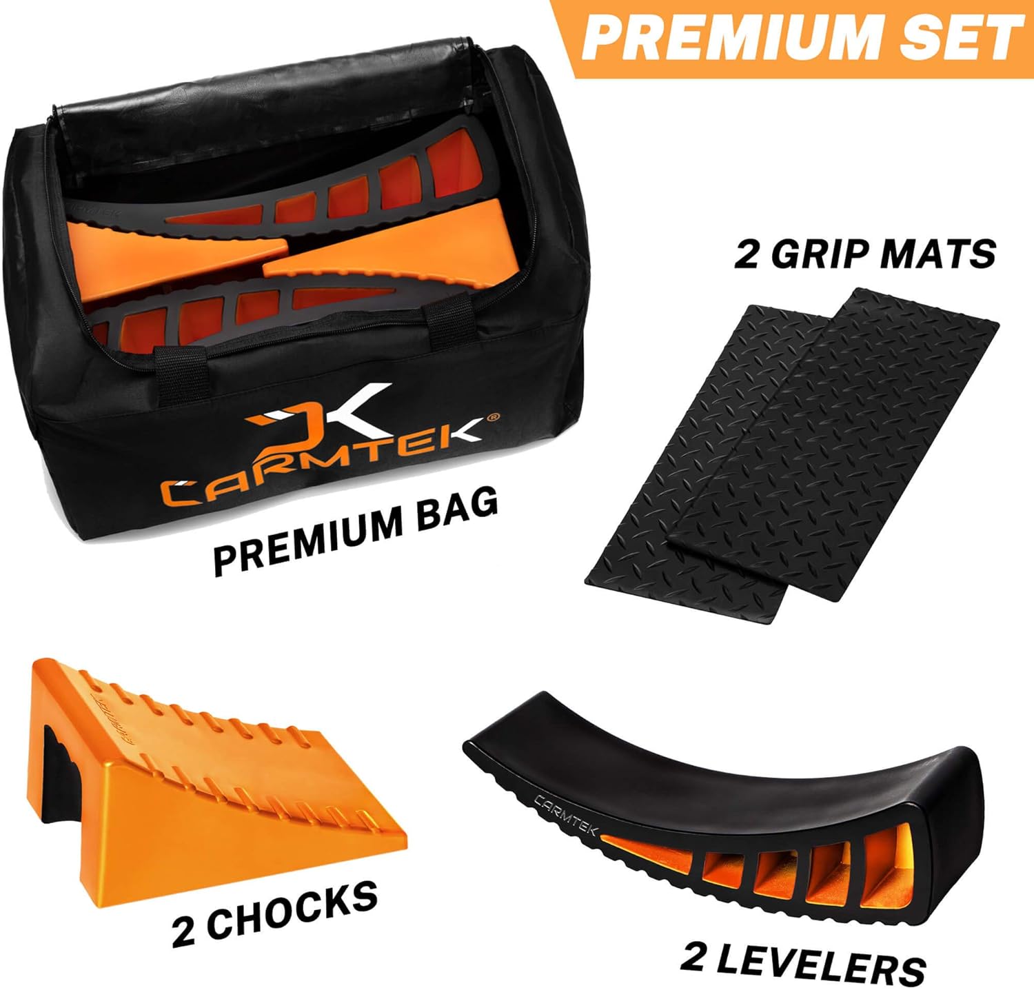 CARMTEK Camper Leveler Premium Kit - Curved RV Levelers with Camper Wheel Chocks, Rubber Mats and Carry Bag | Faster Camper Leveling Than RV Leveling Blocks