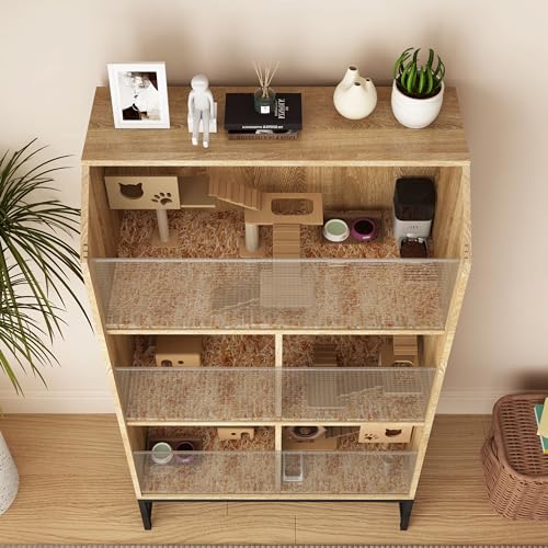 Large Hamster Cage with Storage Cabinet, 3-Tier Small Animals Cages Habitats, Animal House with Openable Top and Easy View Acrylic Panels for Rat, Guinea Pig, Hedgehog, Gerbil (Natural)