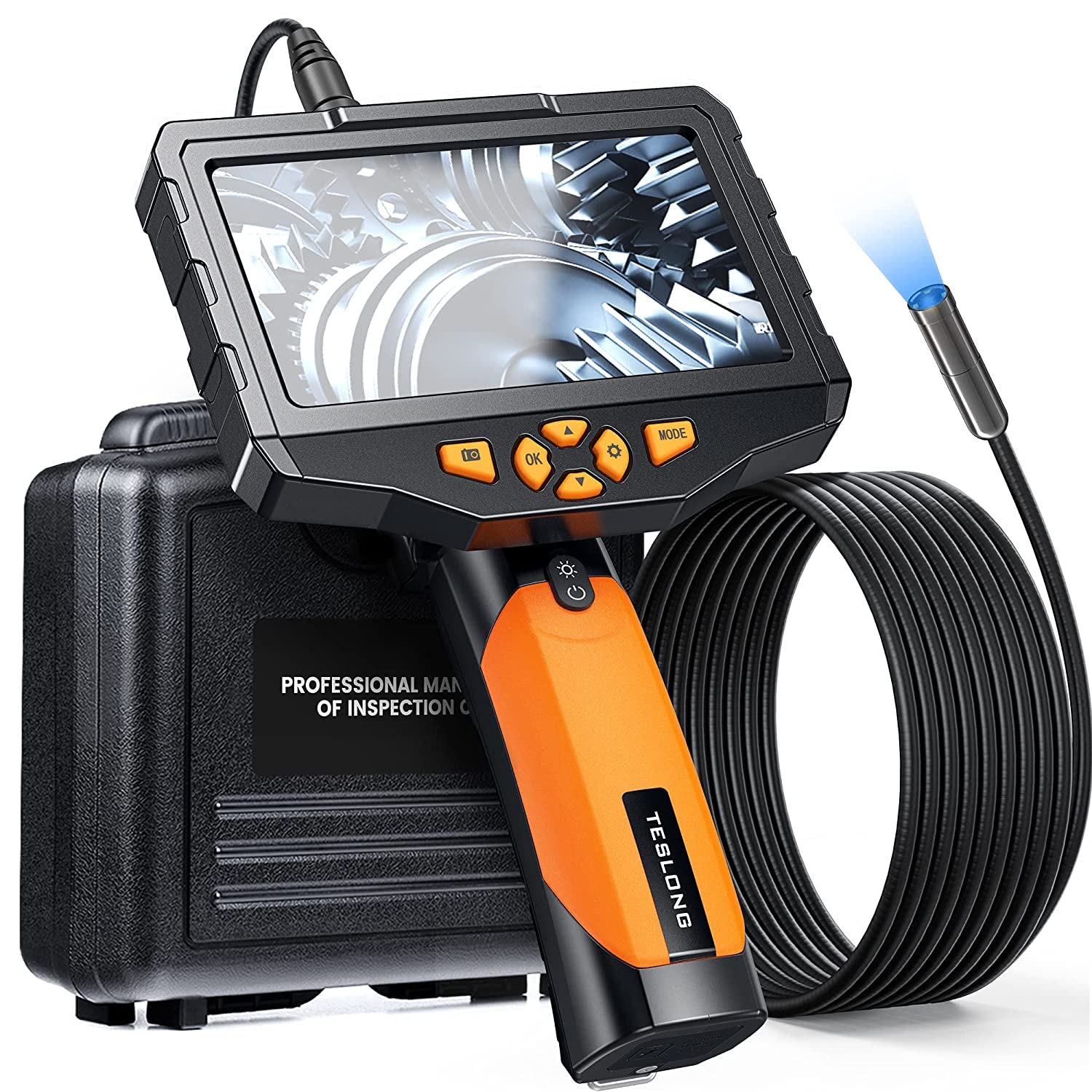5 Megapixels Auto-Focus Inspection Camera-Borescope with 5 inches IPS HD Screen, Teslong Endoscope-Snake Camera with 10ft Waterproof Flexible Cable with LED Flashlight, Sturdy Case, 32GB Card