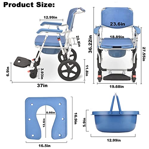 Shower Transport Chairs on Wheels 3 in 1 Folding Shower Wheelchair Bedside Commode with Pail Soft Cushion Backrest Locking Wheels with Large Commode for Seniors (blue)