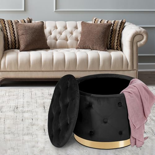 Button Tufted Velvet Round Storage Ottoman, Modern Upholstered Foot Rest Stool with Gold Plating Base, Accent Coffee Table seat for Living Room, Bedroom (Beige)