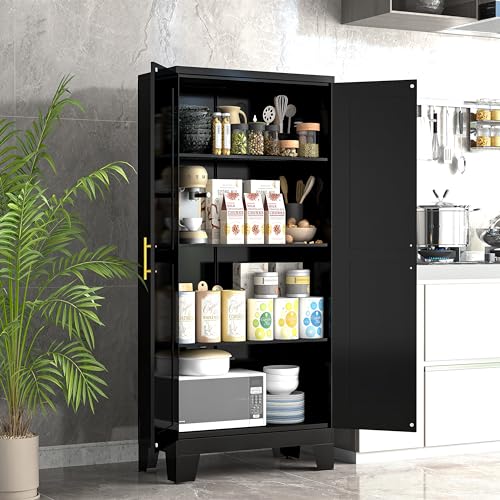 75.2" Tall Metal Pantry Cabinet, Storage Cabinets with 4 Door and 4 Adjustable Shelves, Black Kitchen Pantry Storage Cabinet, Freestanding Cupboard for Kitchen Dining Room Living Room Bathroom