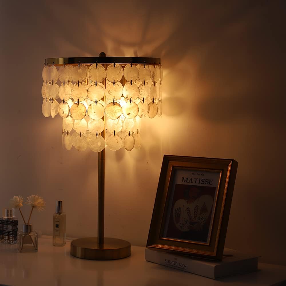 Tochic Natural Capiz Shell Table Lamp,Modern Contemporary Style Table Lamps,with Double Tier Capiz Shell Deco Lampshade for Living Room Bedroom House Bedside Nightstand Home Office ,Brass Polished