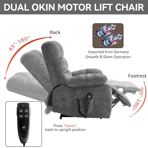 Oversized Lift Recliner Chair - Lay Flat Massage Recliner Chair with Heat & Massage Function, Dual Motor Infinite Position Up to 350 LBS Heavy Duty Electric Power Lift Recliners with Remote (Grey)