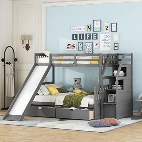 Harper & Bright Designs Twin Over Full Bunk Bed with Slides, Wood Bunk Bed with Stairway and Storage, Low Bunk Bed with Drawers and Safety fence, for Kids and Teenagers (No Box Spring Needed, White)