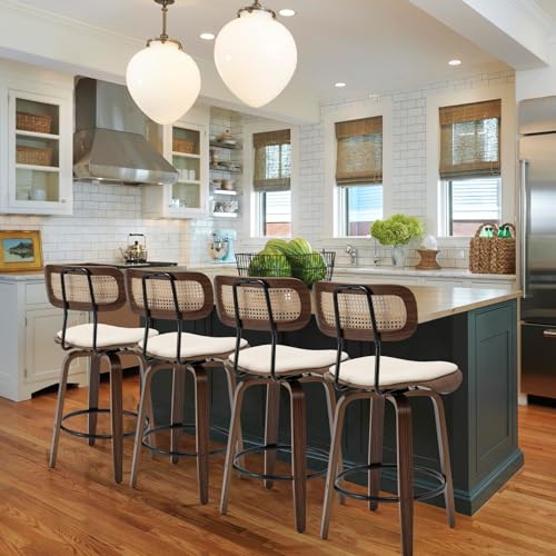 Rattan Bar Stools Set of 2,Counter Height Bar Stools,Swivel Bar Stools with Back,Counter Stools for Kitchen Island,Leather Bar Chairs with Wood Legs,Mid Century Modern Bar Stools,Beige