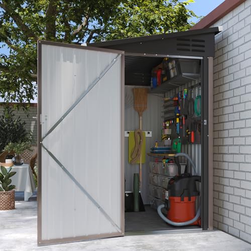 8'x4' Shed Galvanized Steel Storage Sheds with Triple Doors Weatherproof Outdoor Utility Sheds, Dual Lock Lean to Shed with Sloped Roof for Mower, Bike, Generator, Garden Tools (Black)