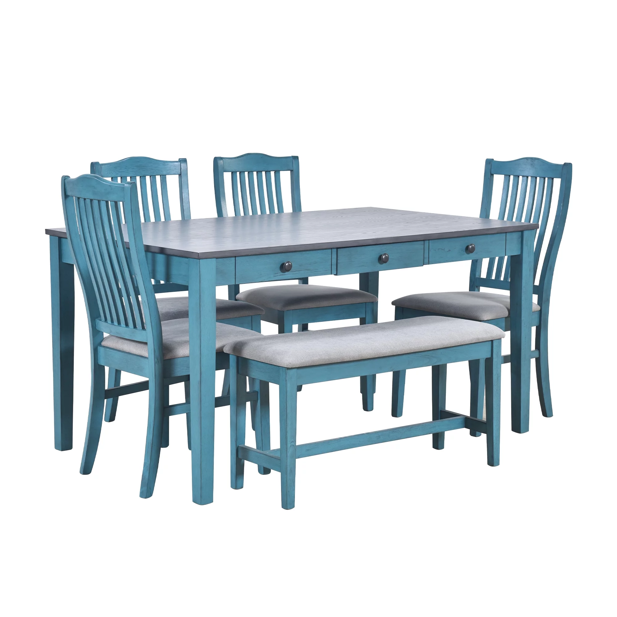 Churanty Farmhouse 6 Pieces Dining Table Set for 6,Rectangle Wood Kitchen Table with Drawer and 4 Upholstered Chairs and Bench,Antique Blue