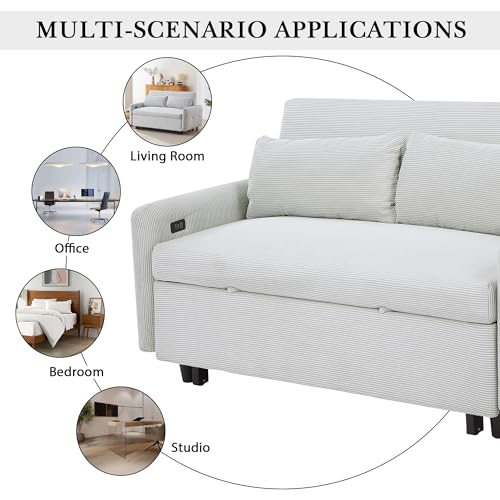 LUMISOL 4 in 1 Convertible Sofa Couch Bed, 57" Pull Out Sleeper Sofa Bed with USB Ports and Two Pillows, Modern Corduroy Fabric Loveseat Sofa Bed with Armrests for Living Room Small Space (Blue Grey)