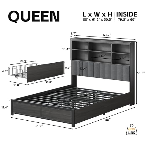 HISOFT Queen Bed Frame with Storage Headboard, Wood Bed with High Storage Bookcase, 4 Drawers & LED & Charging Station,No Box Spring Needed/Noise Free/All-Metal Support, Rustic Grey